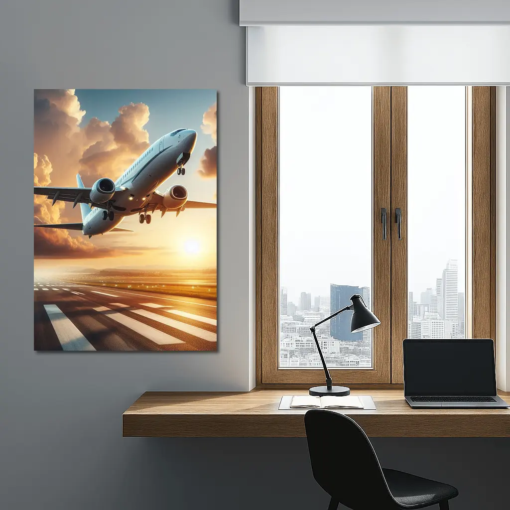 Commercial Airplane Taking Off At Sunset – Wall Art