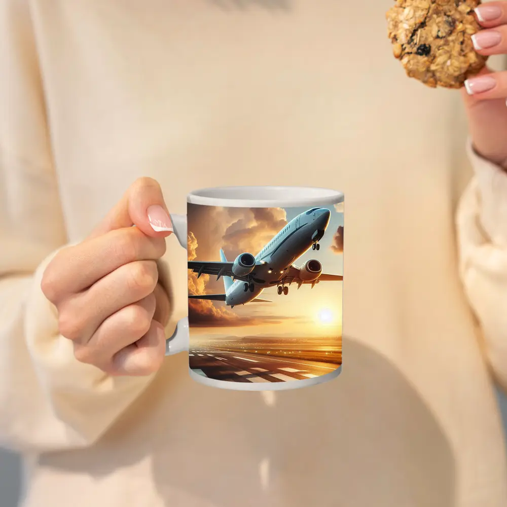 Commercial Airplane Taking Off At Sunset – Mugs