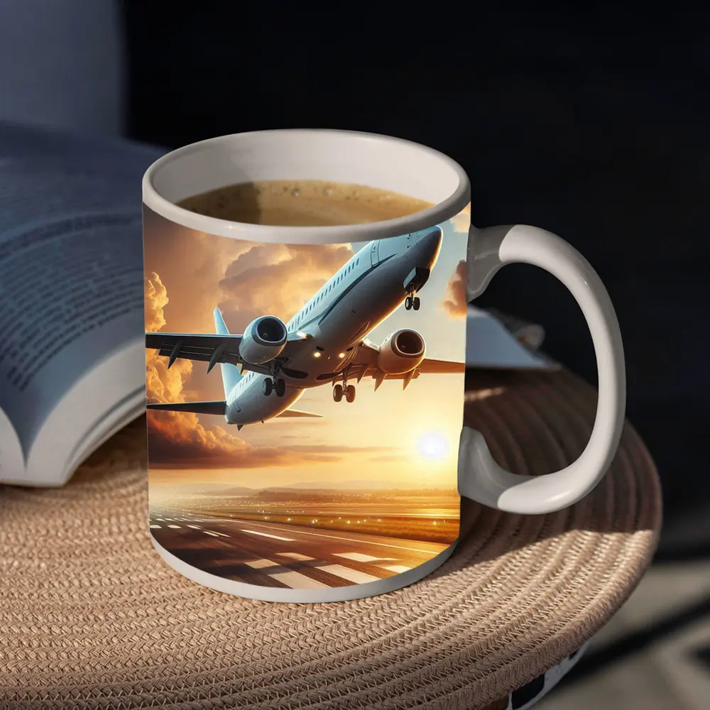 Commercial Airplane Taking Off At Sunset – Mugs