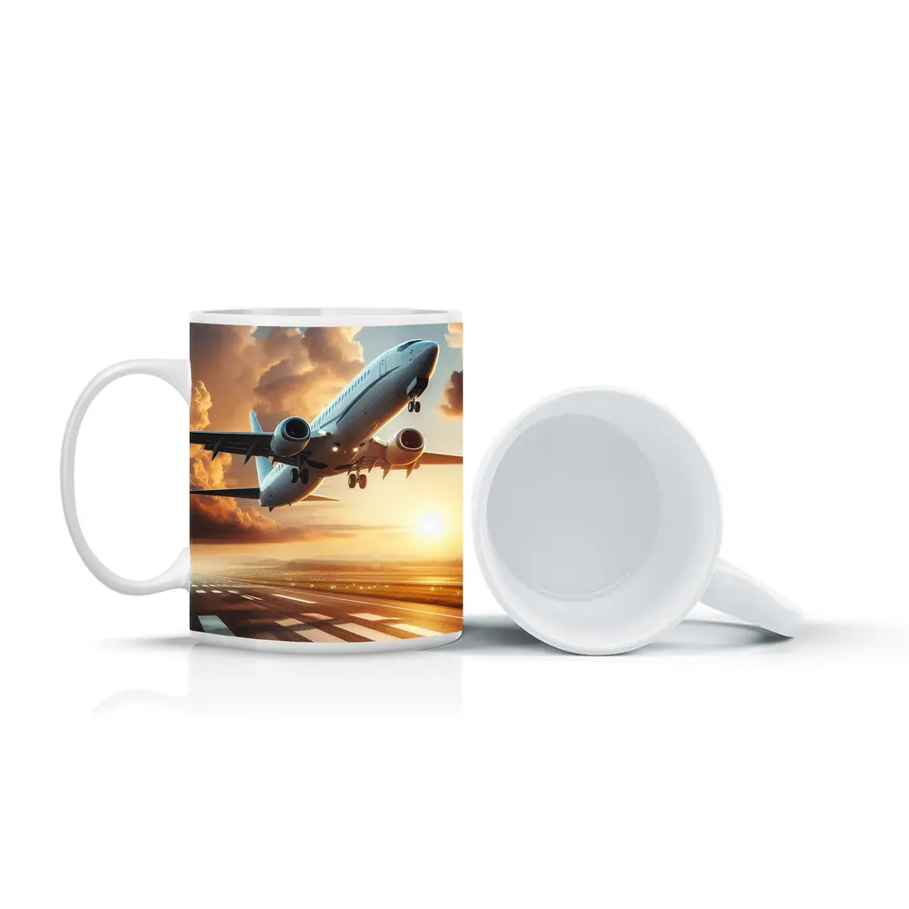 Commercial Airplane Taking Off At Sunset – Mugs
