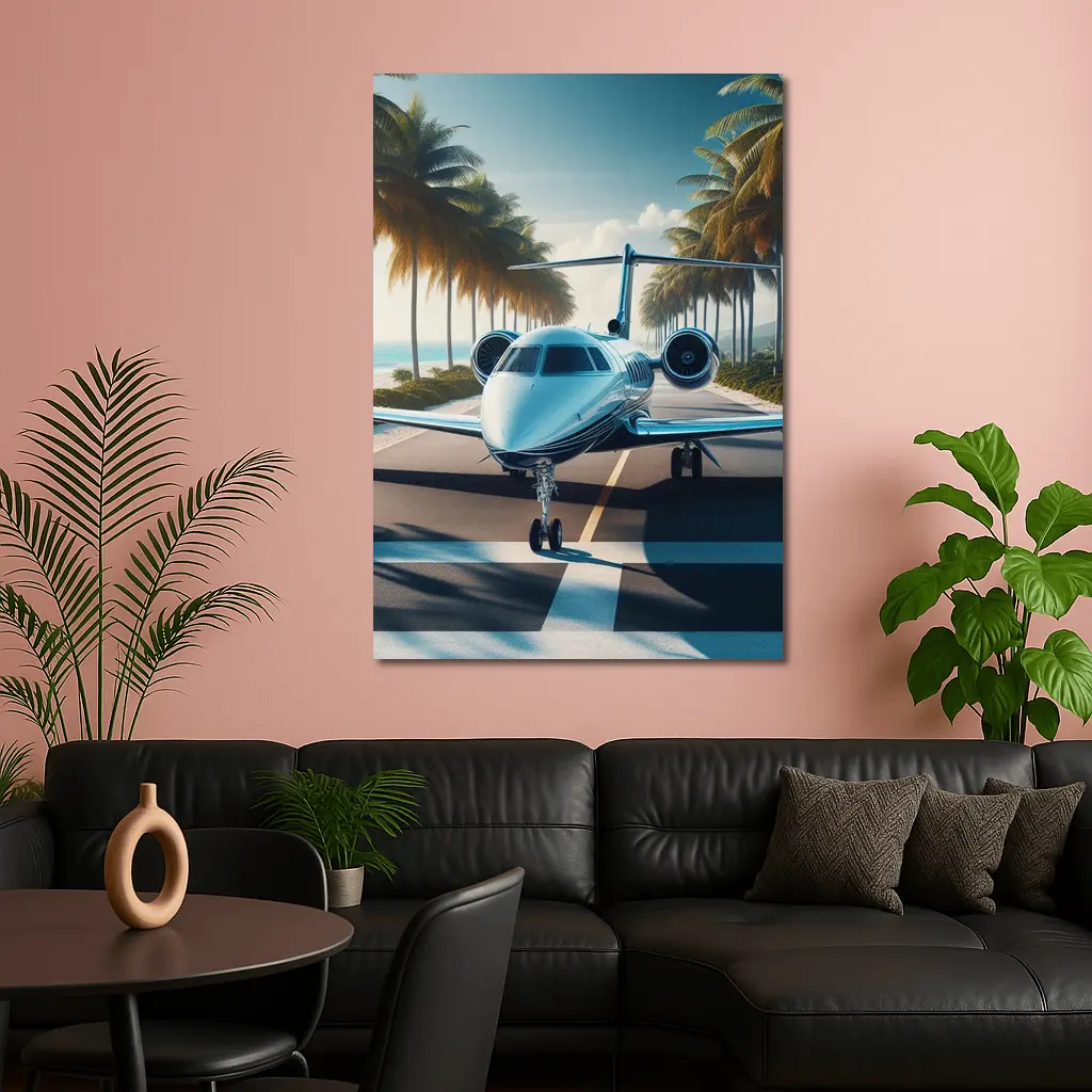 Private Jet Runway Tropical Palm Tree Beach – Wall Art