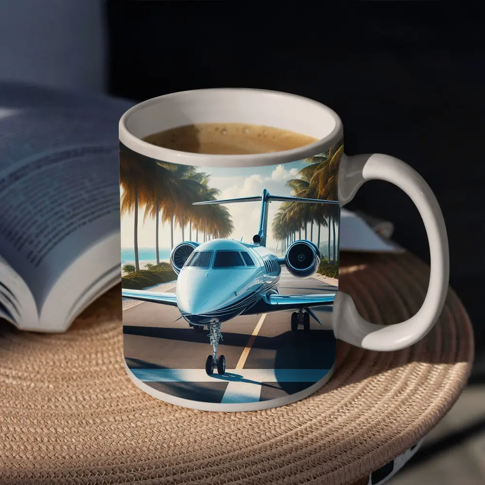 Private Jet Runway Tropical Palm Tree Beach – Mugs