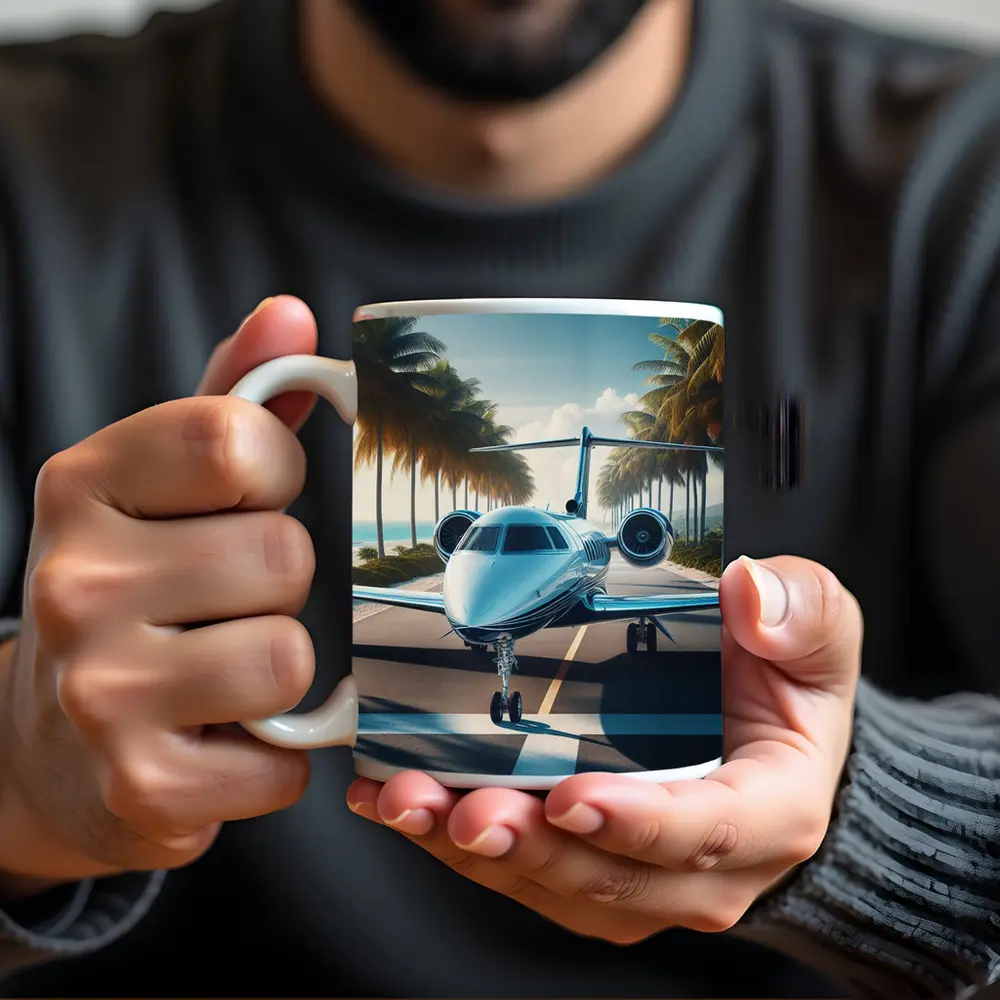 Private Jet Runway Tropical Palm Tree Beach – Mugs