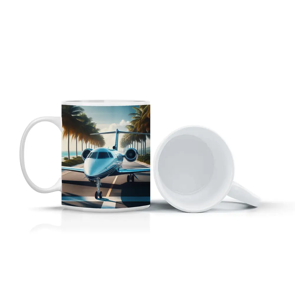 Private Jet Runway Tropical Palm Tree Beach – Mugs