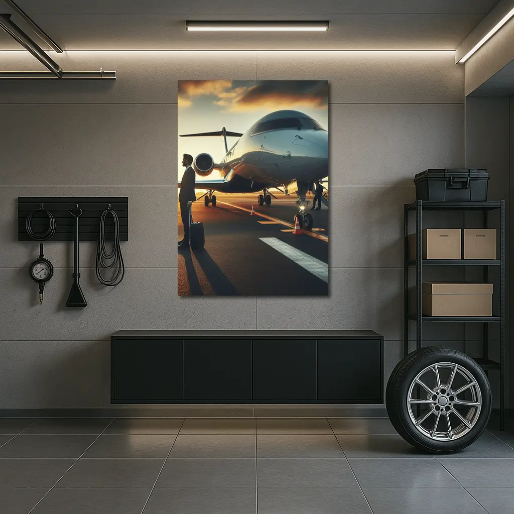 Private Jet Tarmac Businessman Sunset Sky – Wall Art