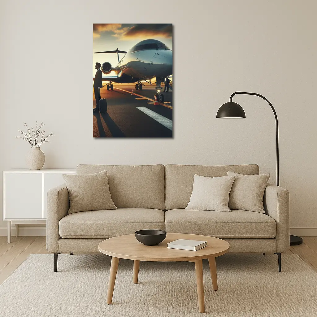 Private Jet Tarmac Businessman Sunset Sky – Wall Art