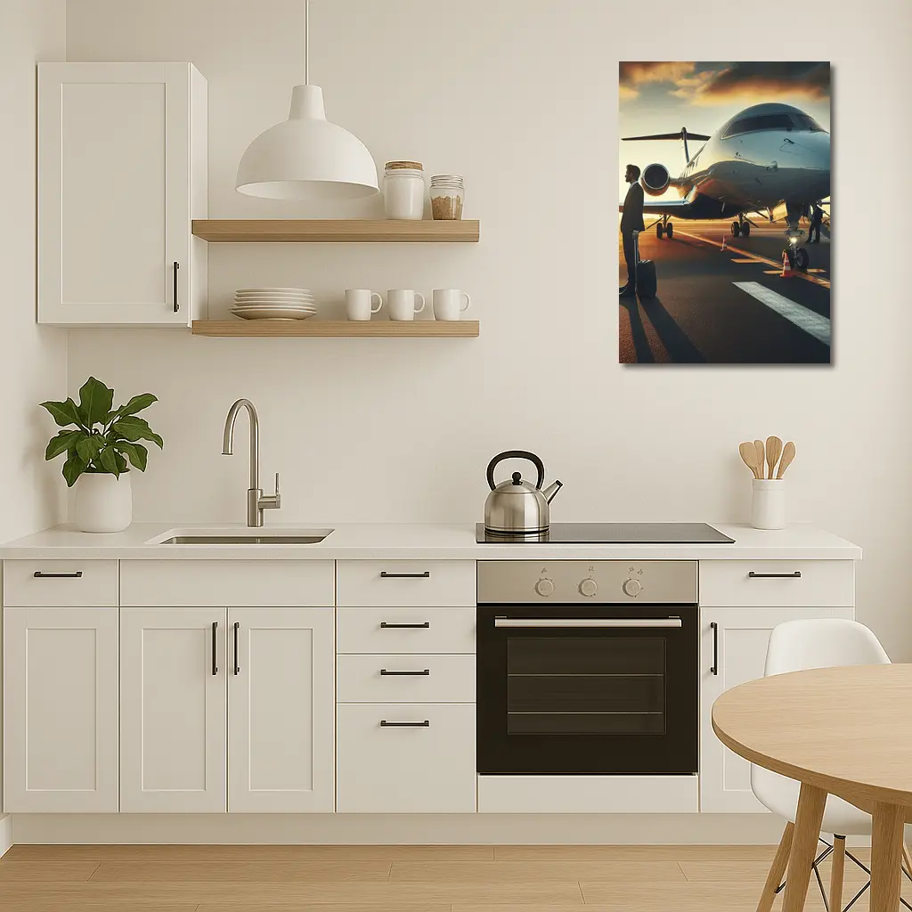 Private Jet Tarmac Businessman Sunset Sky – Wall Art