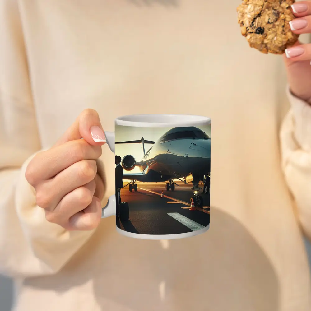 Private Jet Tarmac Businessman Sunset Sky – Mugs
