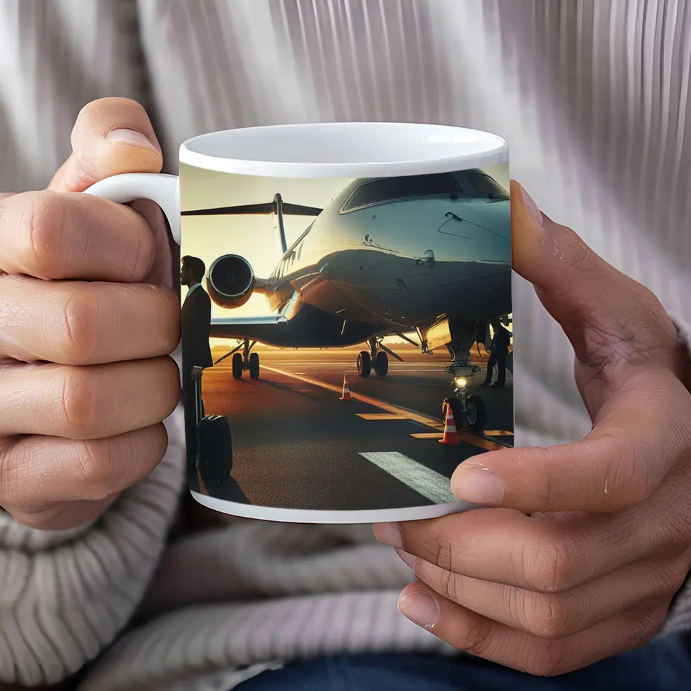 Private Jet Tarmac Businessman Sunset Sky – Mugs