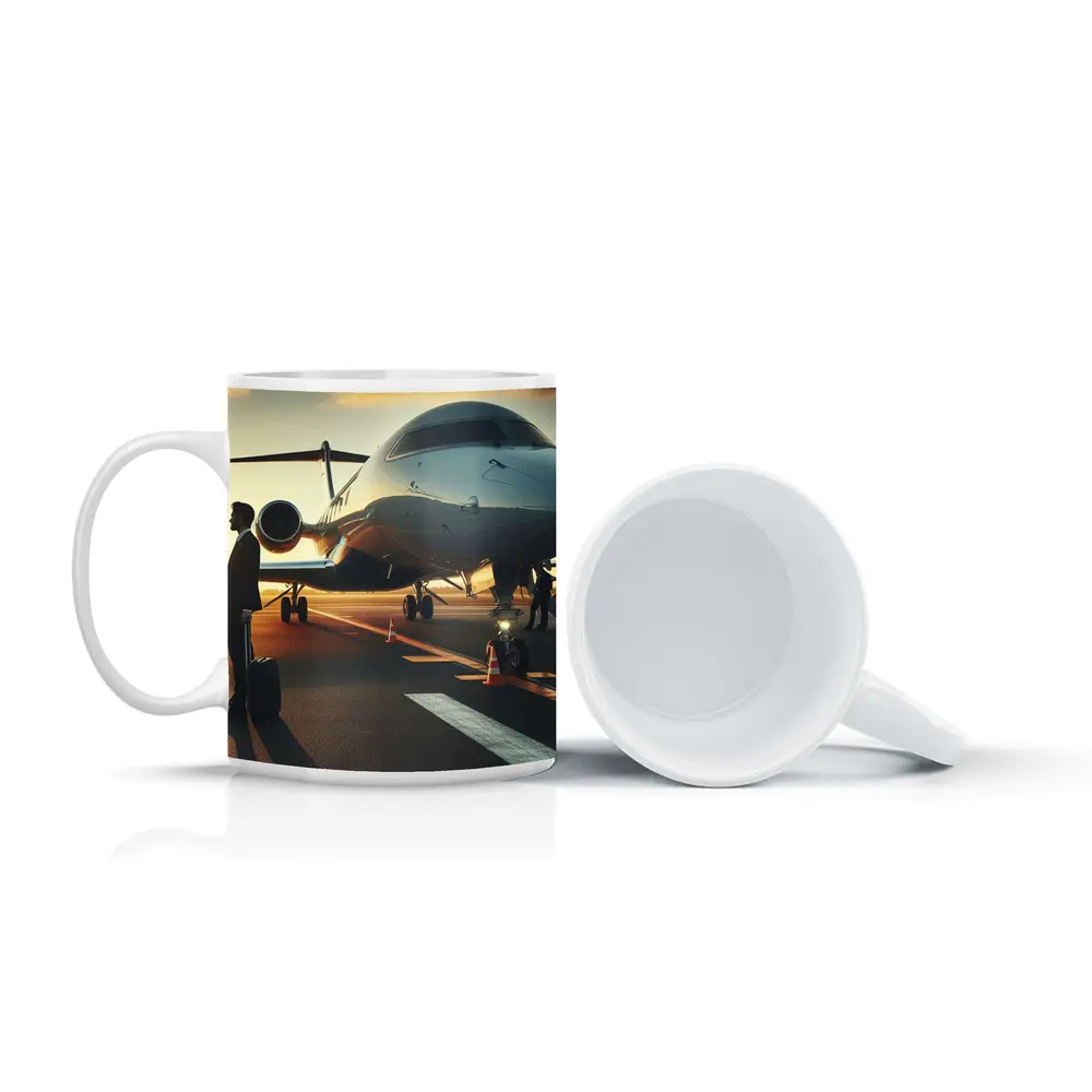 Private Jet Tarmac Businessman Sunset Sky – Mugs
