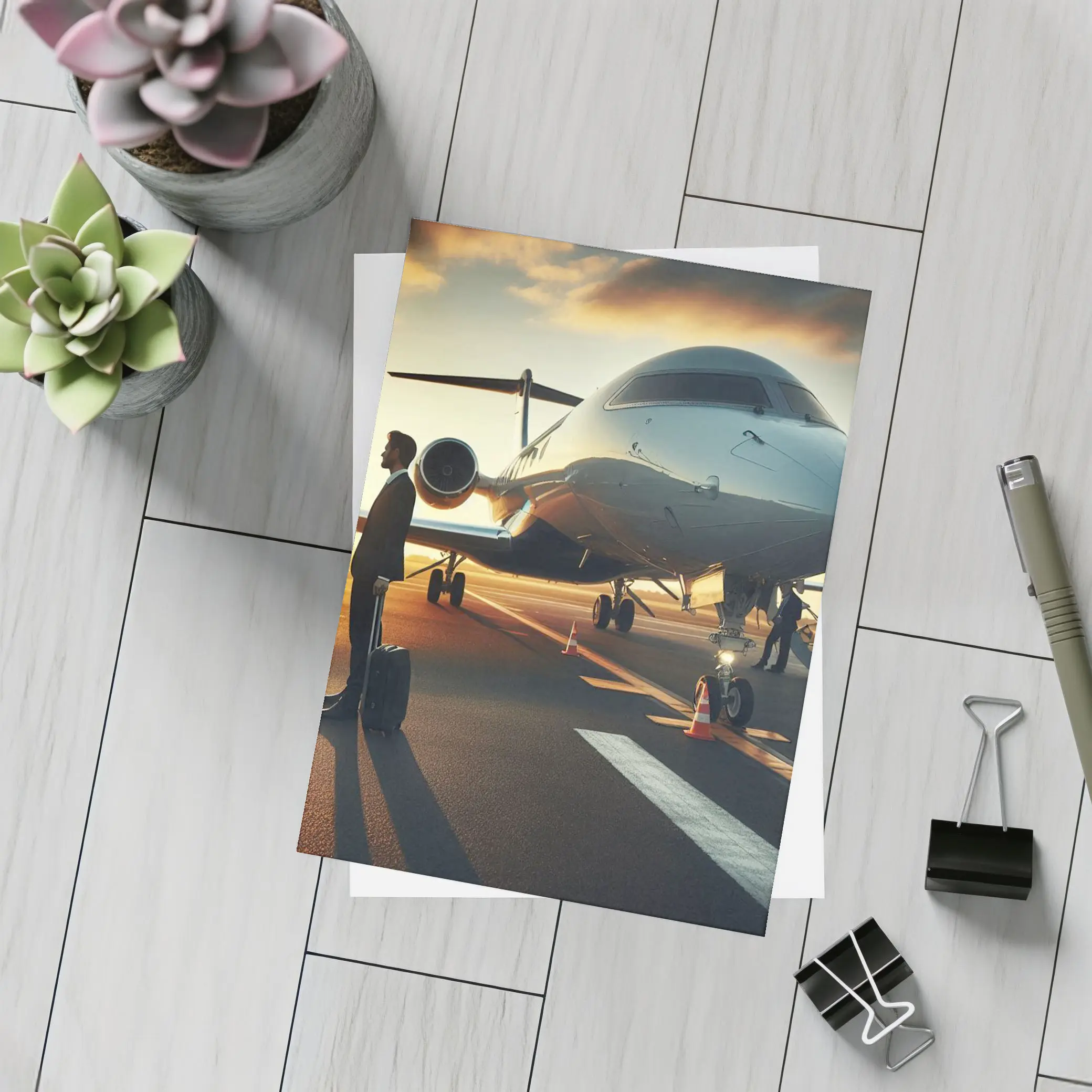 Private Jet Tarmac Businessman Sunset Sky – Postcards