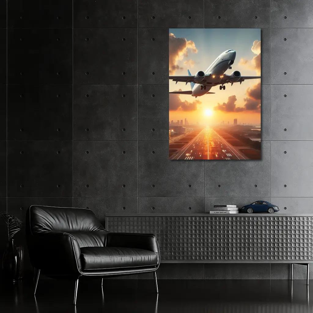 Airplane Taking Off At Golden Sunset – Wall Art