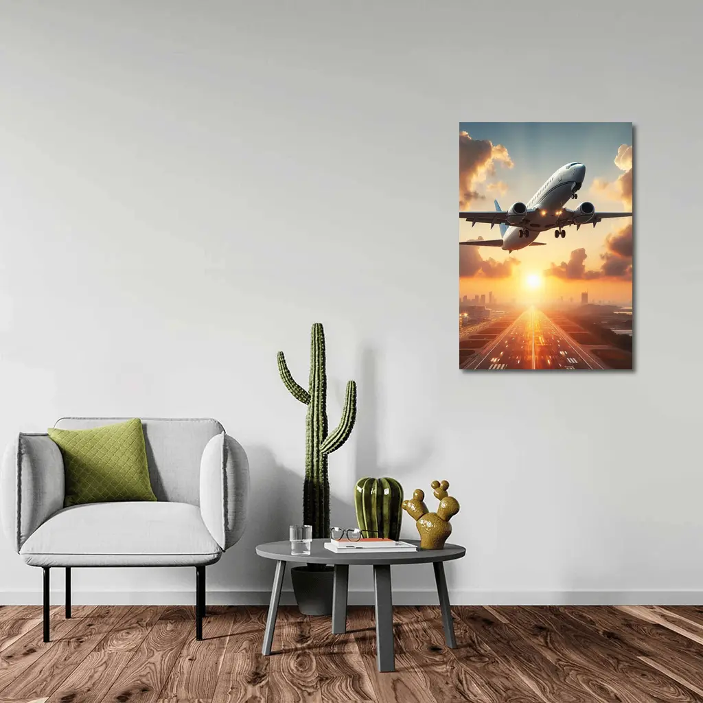 Airplane Taking Off At Golden Sunset – Wall Art