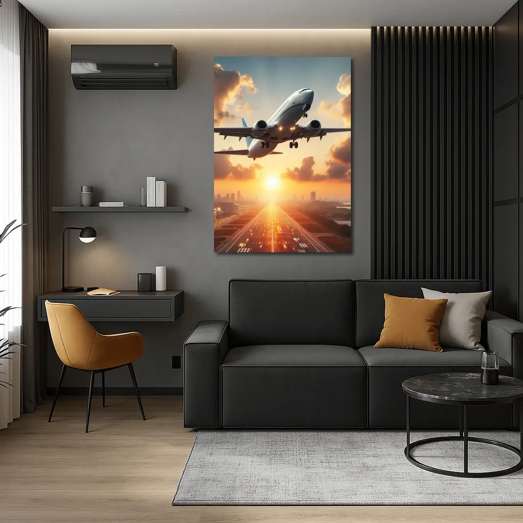 Airplane Taking Off At Golden Sunset – Wall Art