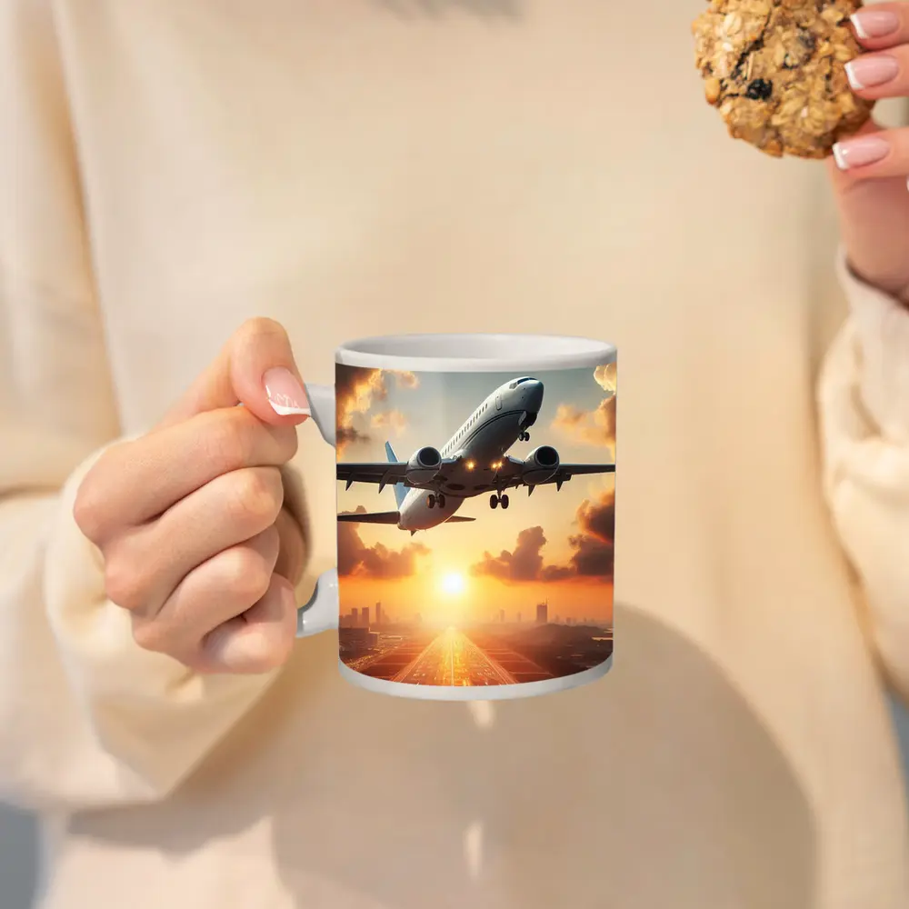 Airplane Taking Off At Golden Sunset – Mugs