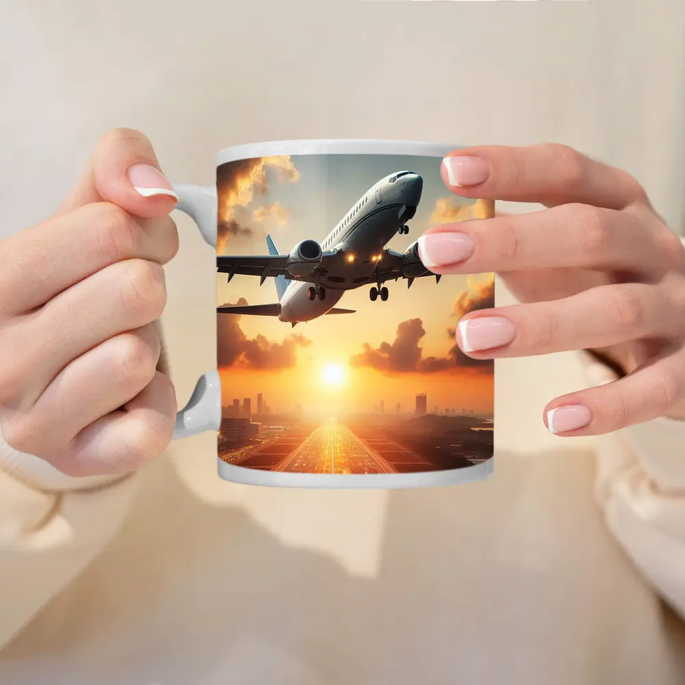 Airplane Taking Off At Golden Sunset – Mugs