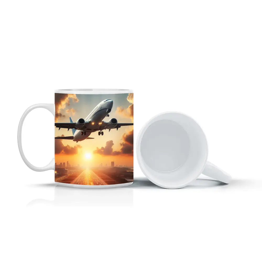 Airplane Taking Off At Golden Sunset – Mugs