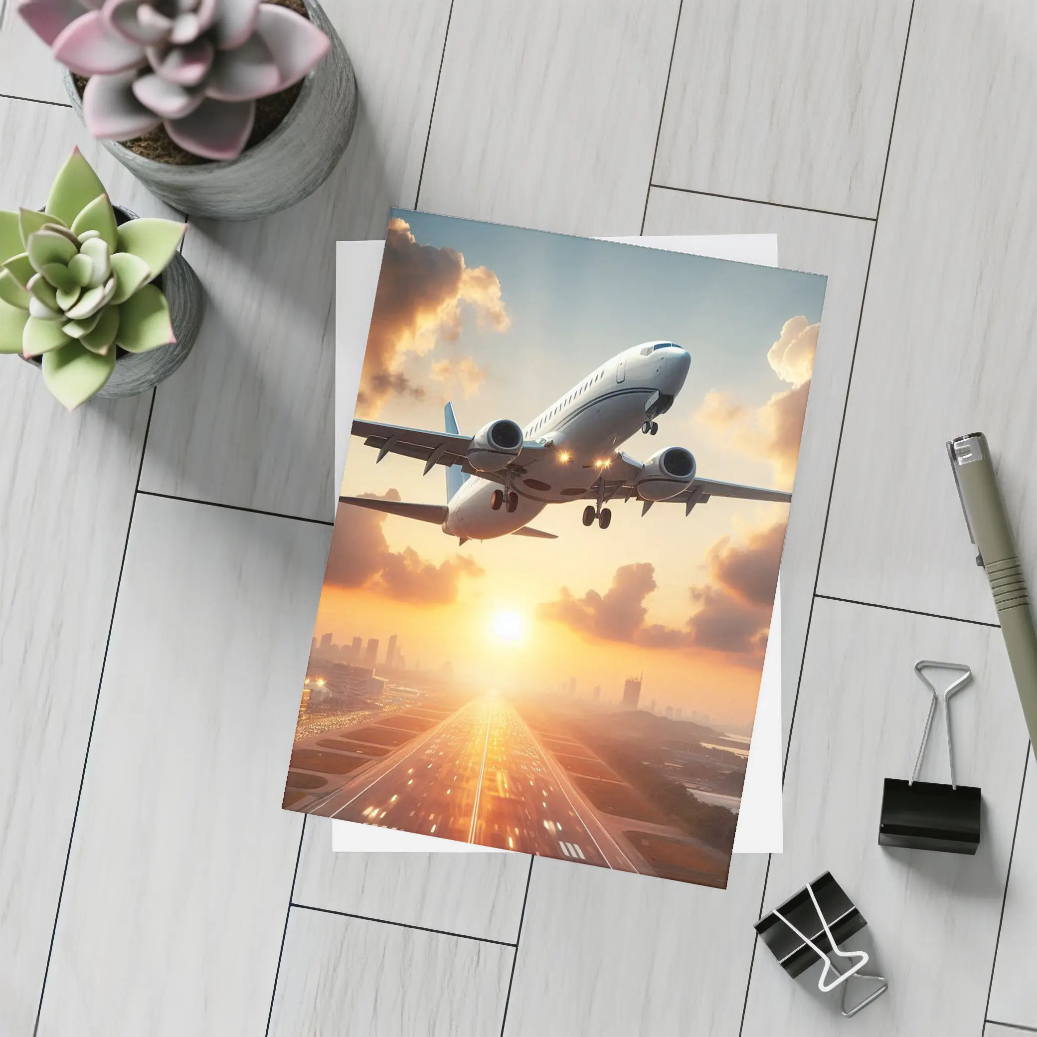 Airplane Taking Off At Golden Sunset – Postcards
