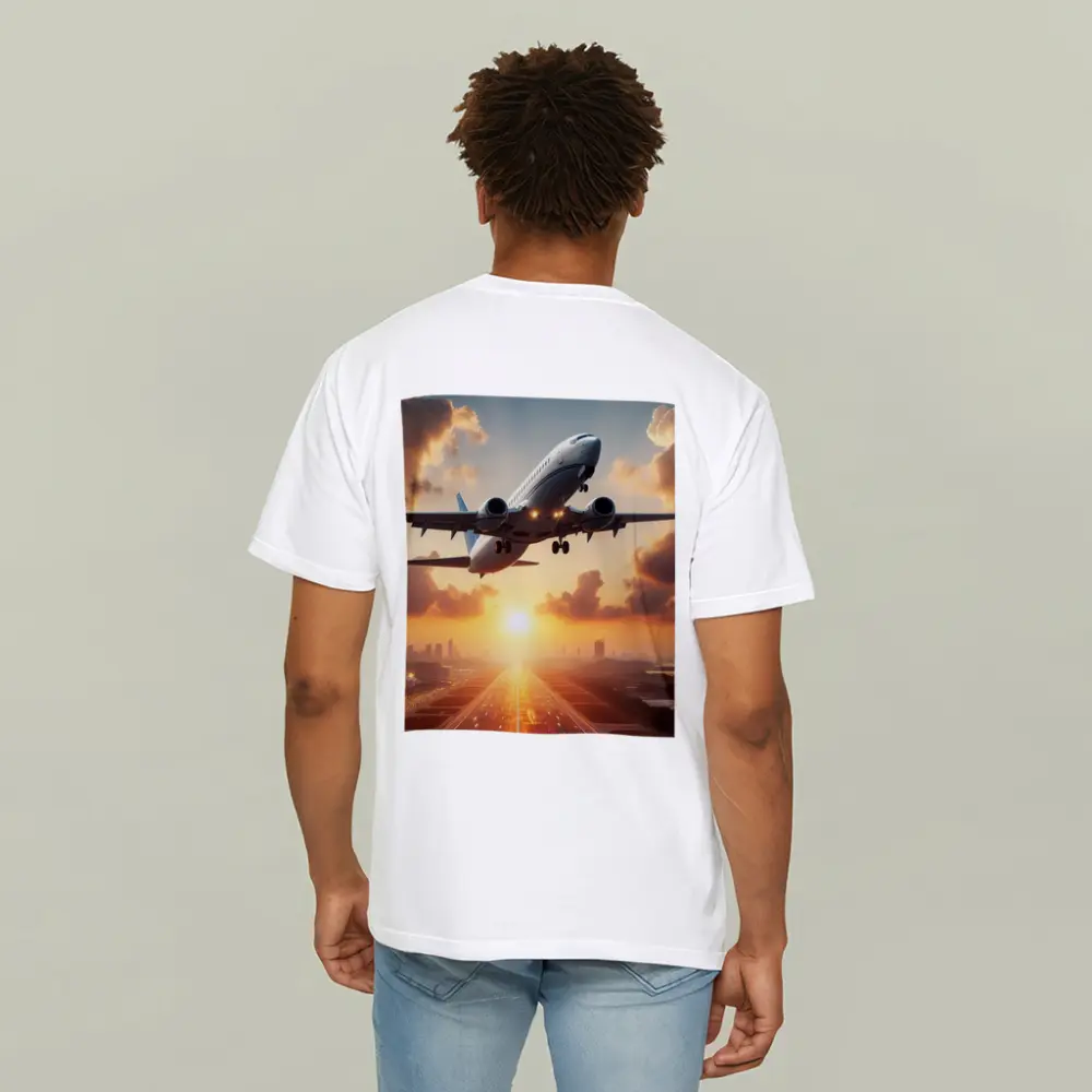 Airplane Taking Off At Golden Sunset – T-Shirts