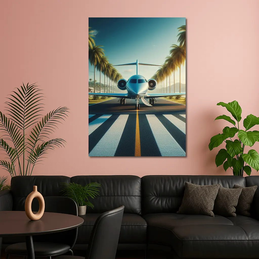 Private Jet Runway Palm Trees Tropical Airport – Wall Art
