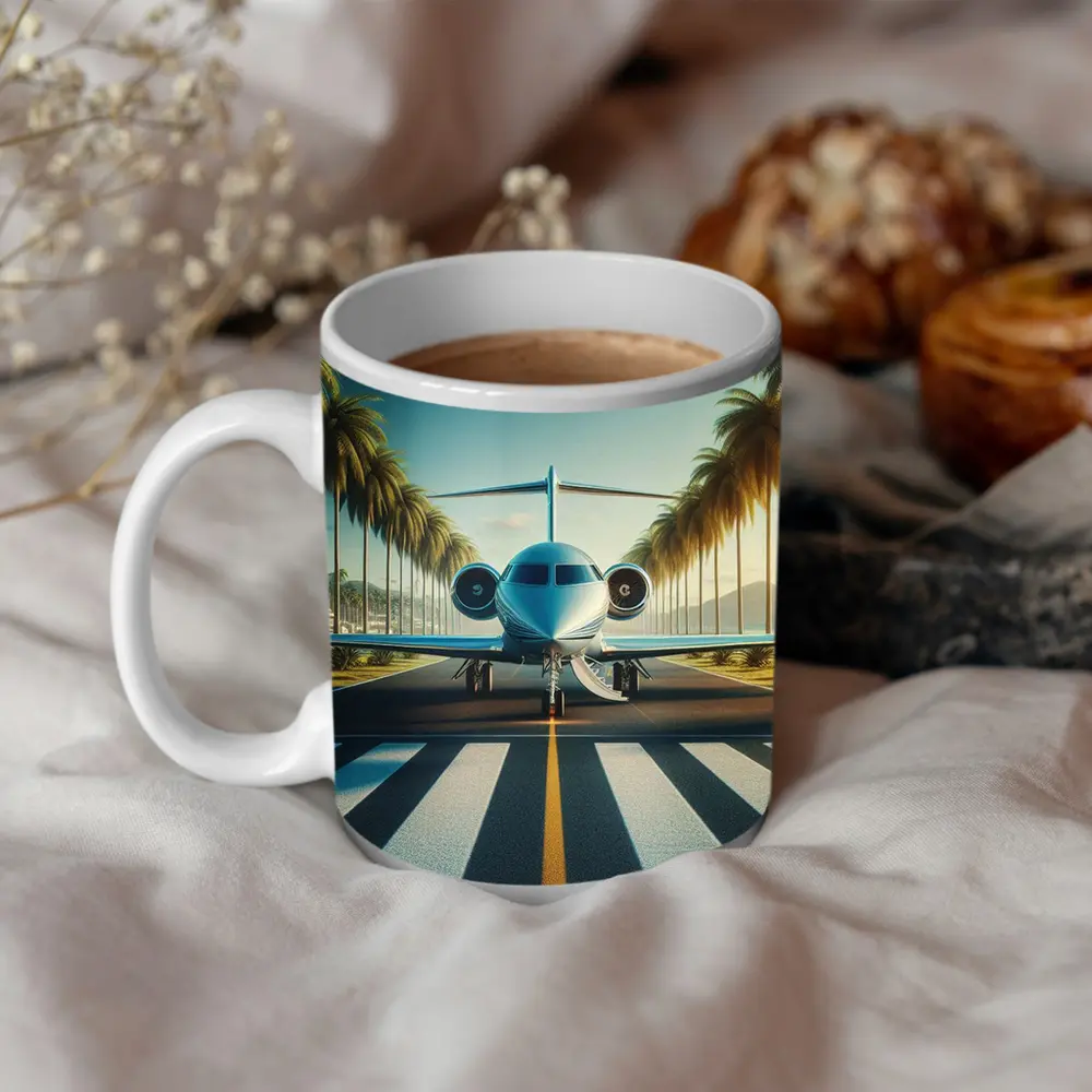 Private Jet Runway Palm Trees Tropical Airport – Mugs