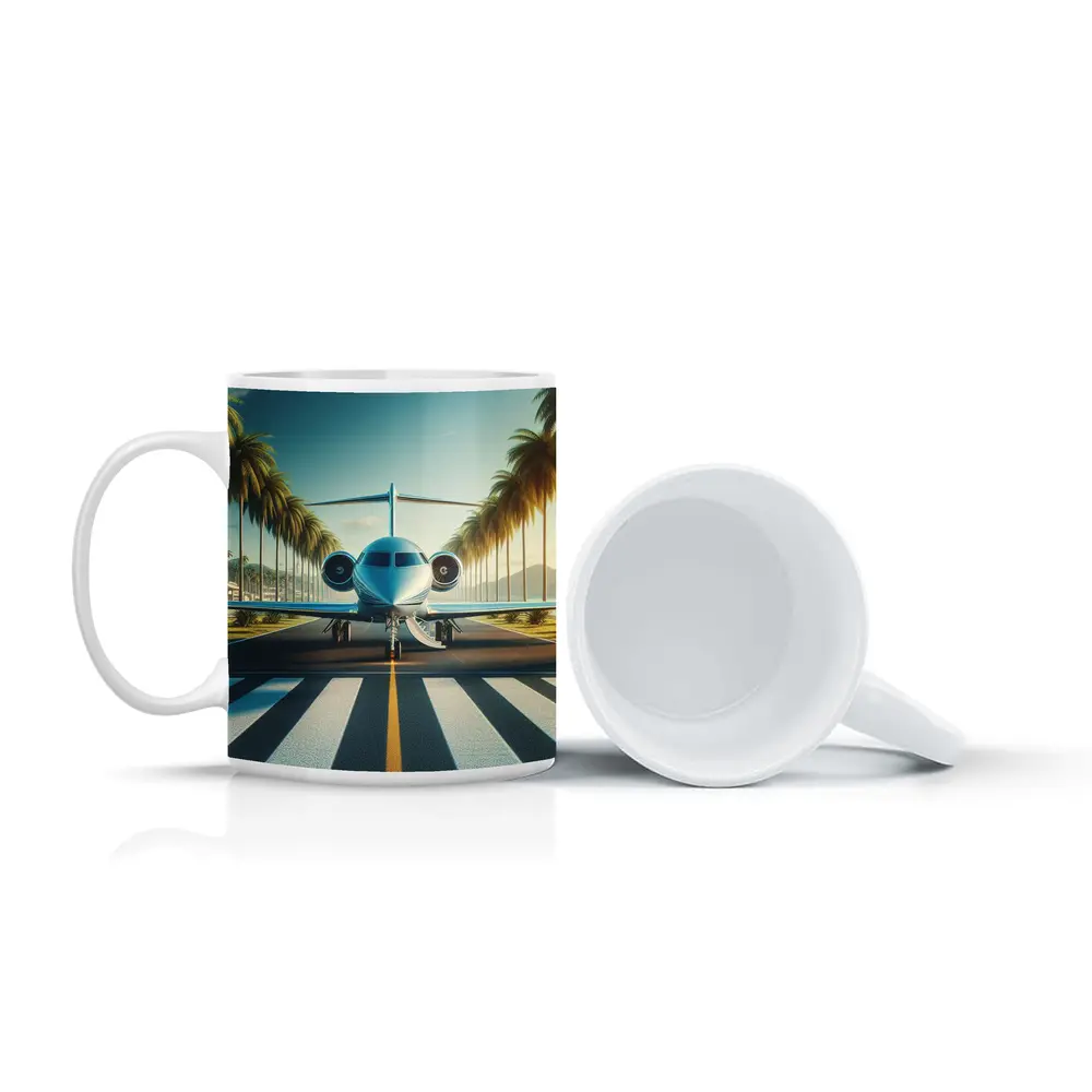 Private Jet Runway Palm Trees Tropical Airport – Mugs