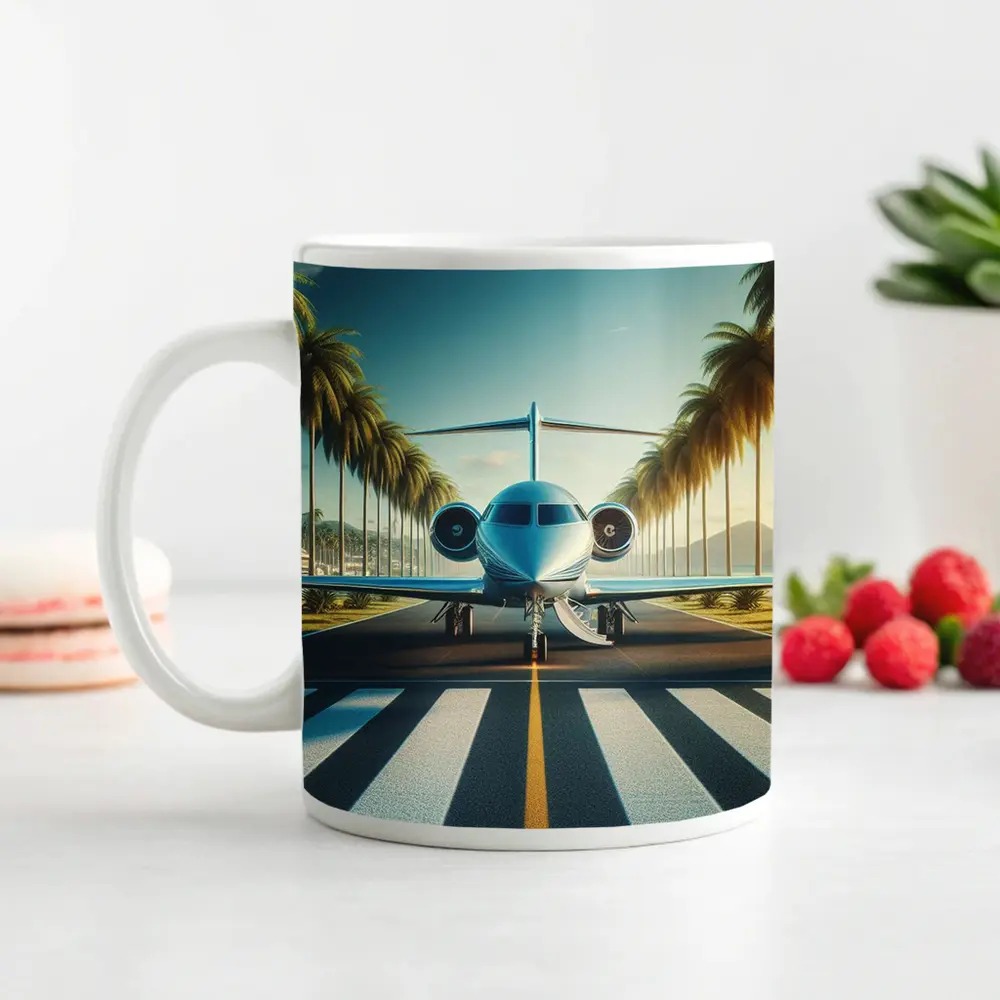 Private Jet Runway Palm Trees Tropical Airport – Mugs