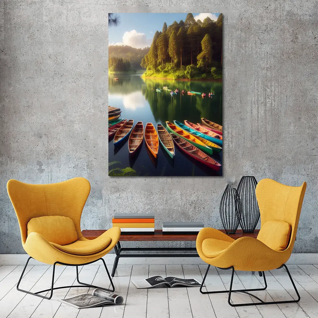 Colorful Wooden Boats on Calm Forest Lake – Wall Art
