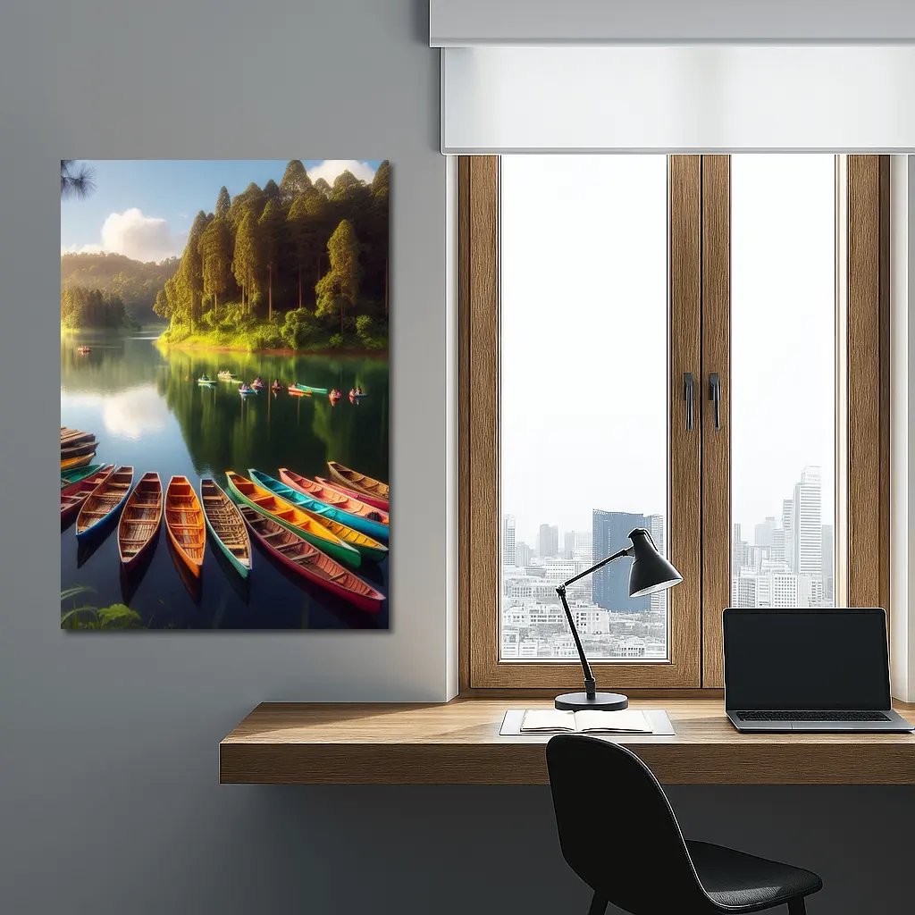 Colorful Wooden Boats on Calm Forest Lake – Wall Art