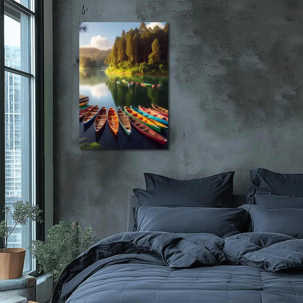 Colorful Wooden Boats on Calm Forest Lake – Wall Art