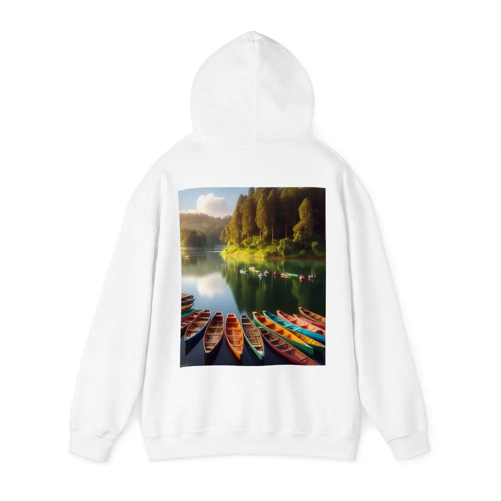 Colorful Wooden Boats on Calm Forest Lake – Hoodies