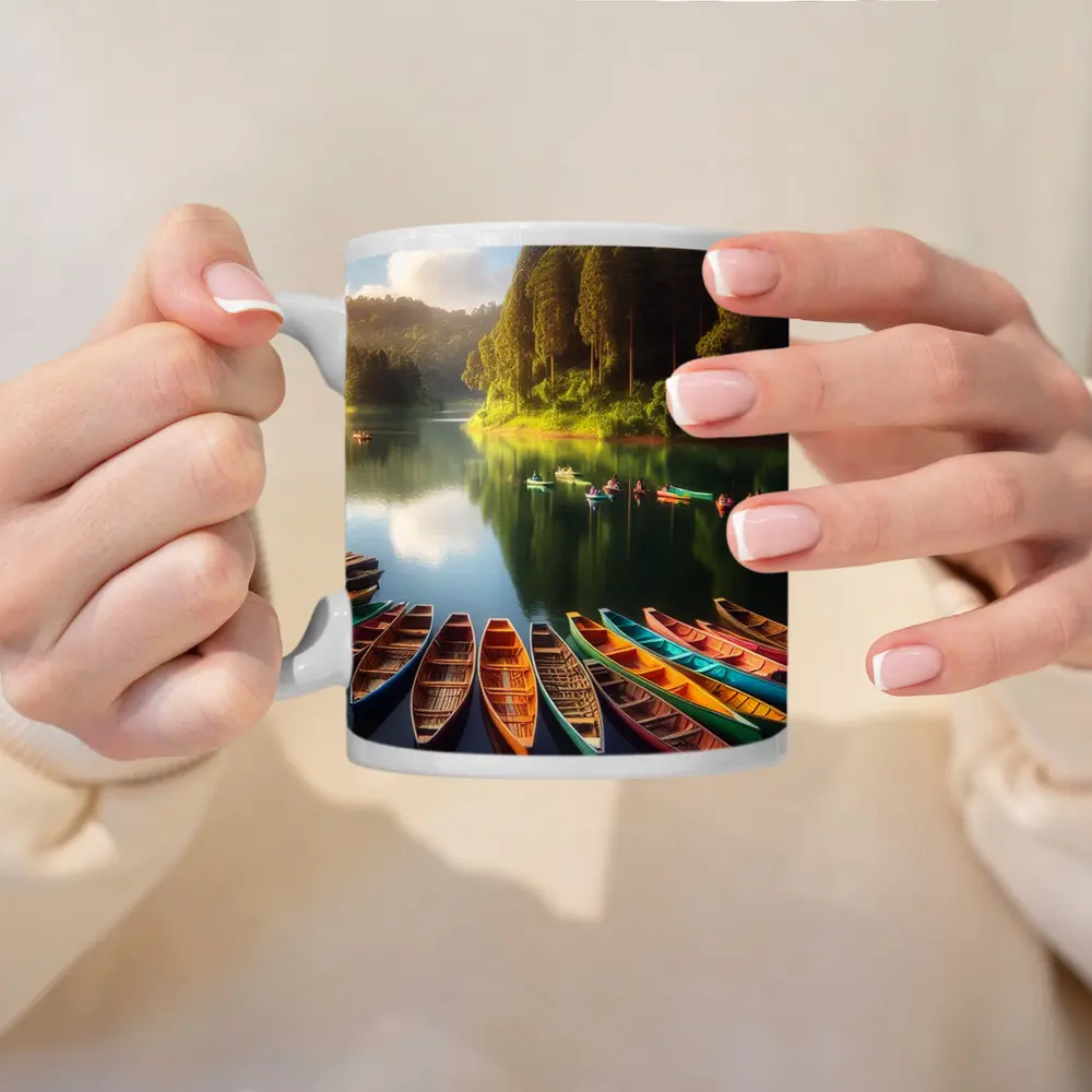 Colorful Wooden Boats on Calm Forest Lake – Mugs