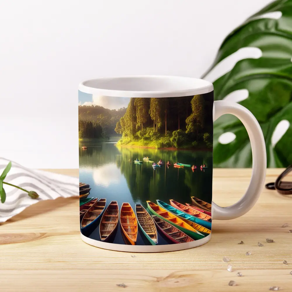 Colorful Wooden Boats on Calm Forest Lake – Mugs