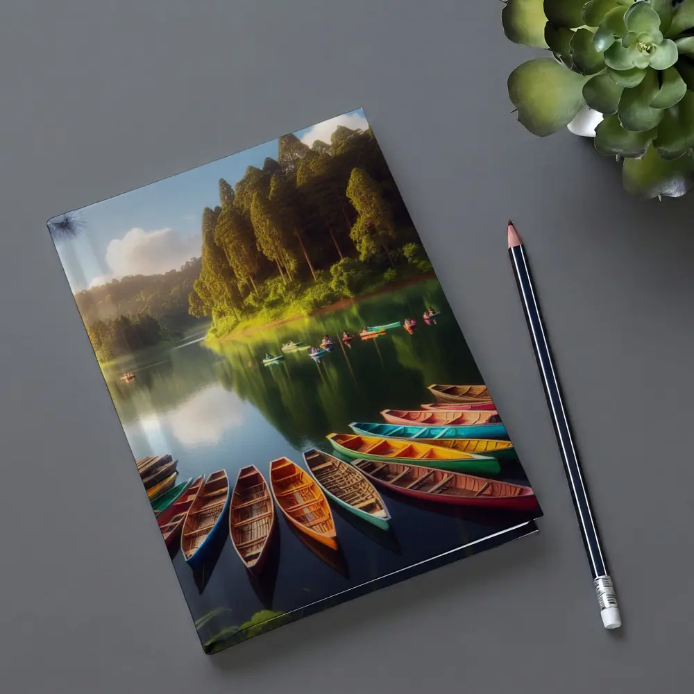 Colorful Wooden Boats on Calm Forest Lake – Notebooks