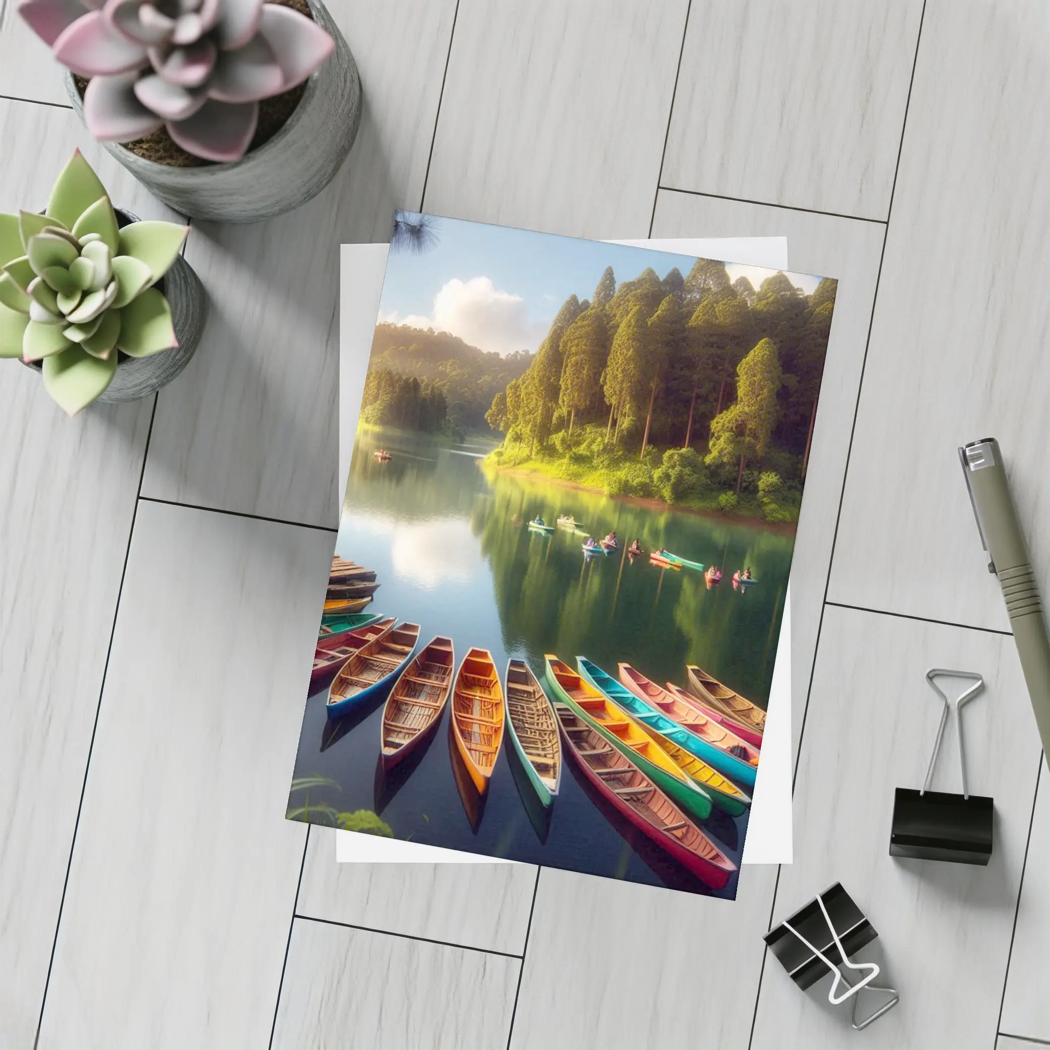 Colorful Wooden Boats on Calm Forest Lake – Postcards