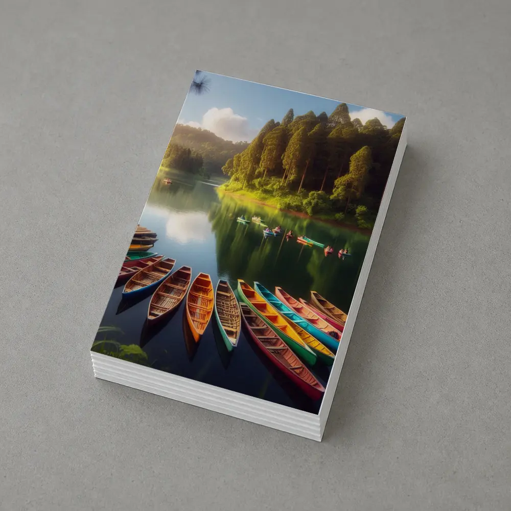 Colorful Wooden Boats on Calm Forest Lake – Postcards