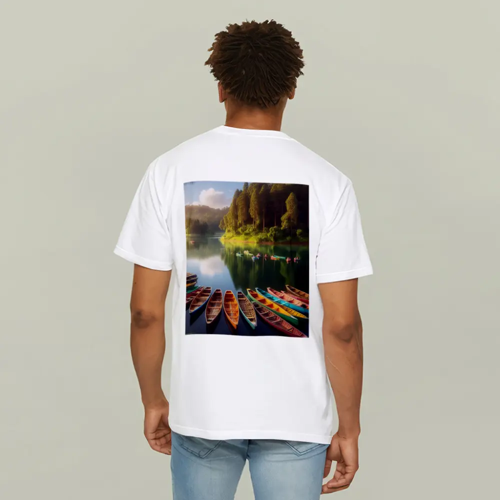 Colorful Wooden Boats on Calm Forest Lake – T-Shirts