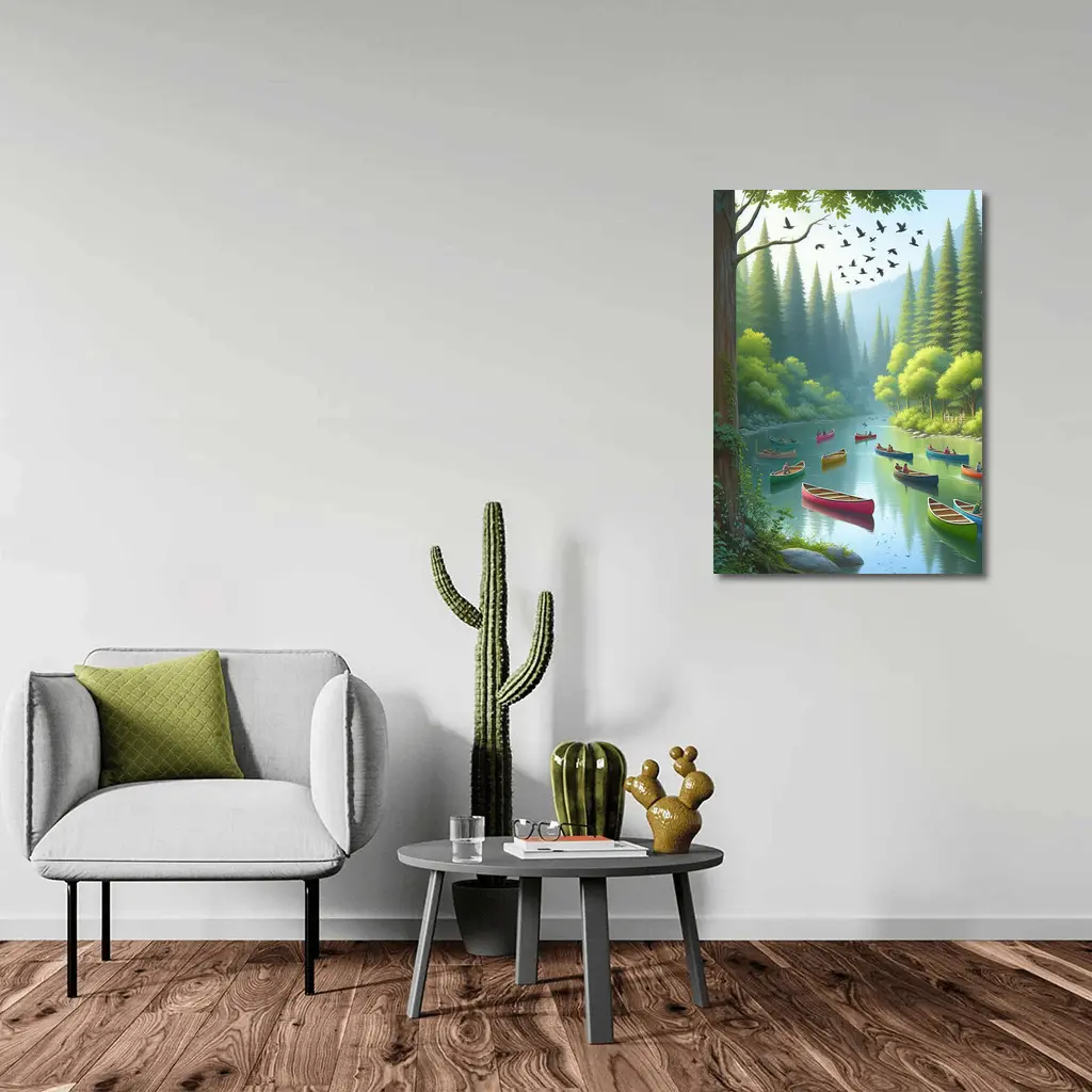 Colorful Canoes on Forested River Scene – Wall Art