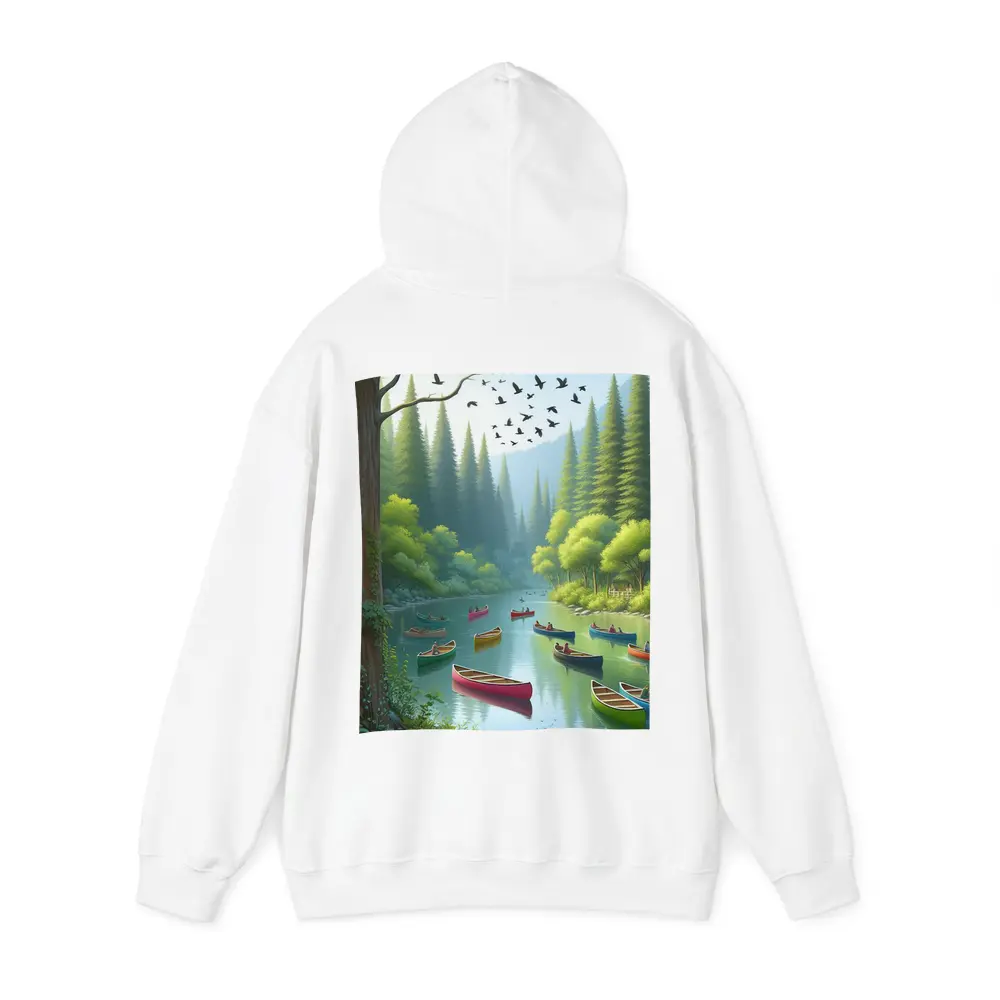 Colorful Canoes on Forested River Scene – Hoodies
