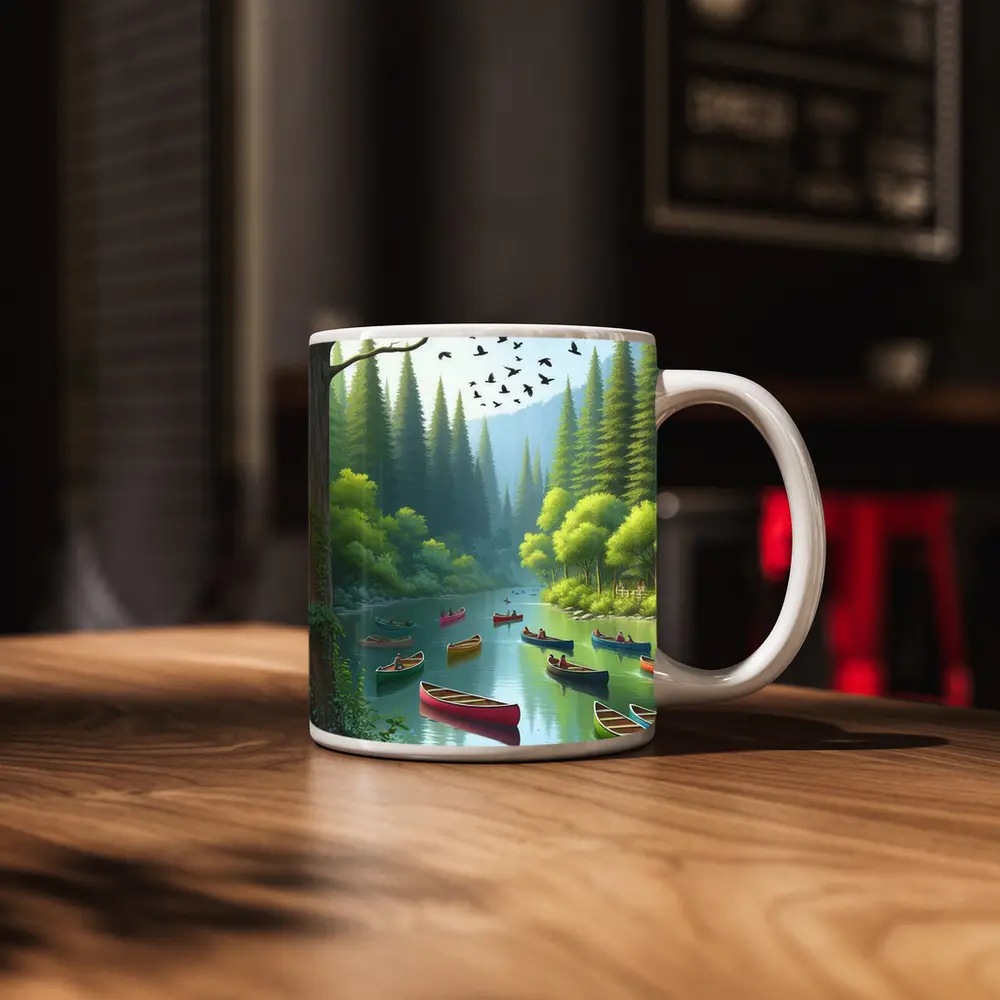 Colorful Canoes on Forested River Scene – Mugs