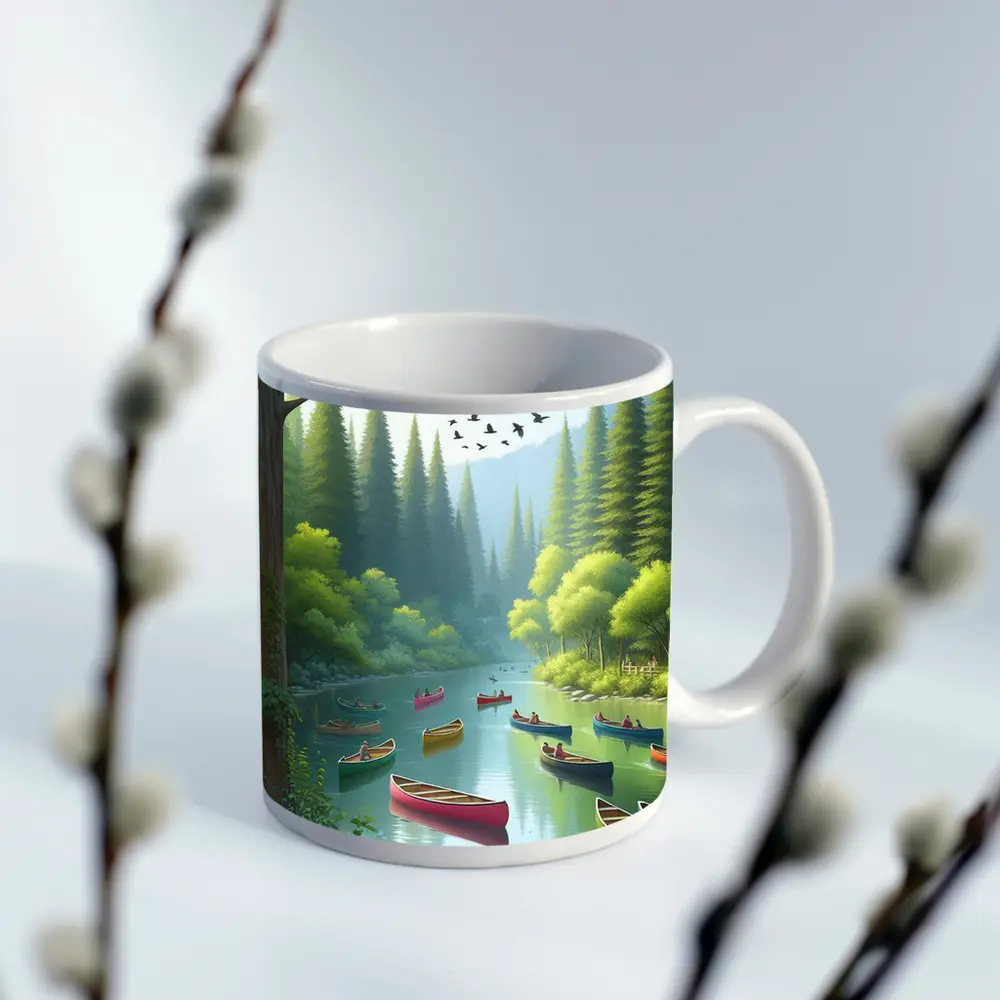 Colorful Canoes on Forested River Scene – Mugs