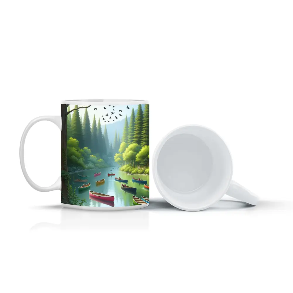 Colorful Canoes on Forested River Scene – Mugs