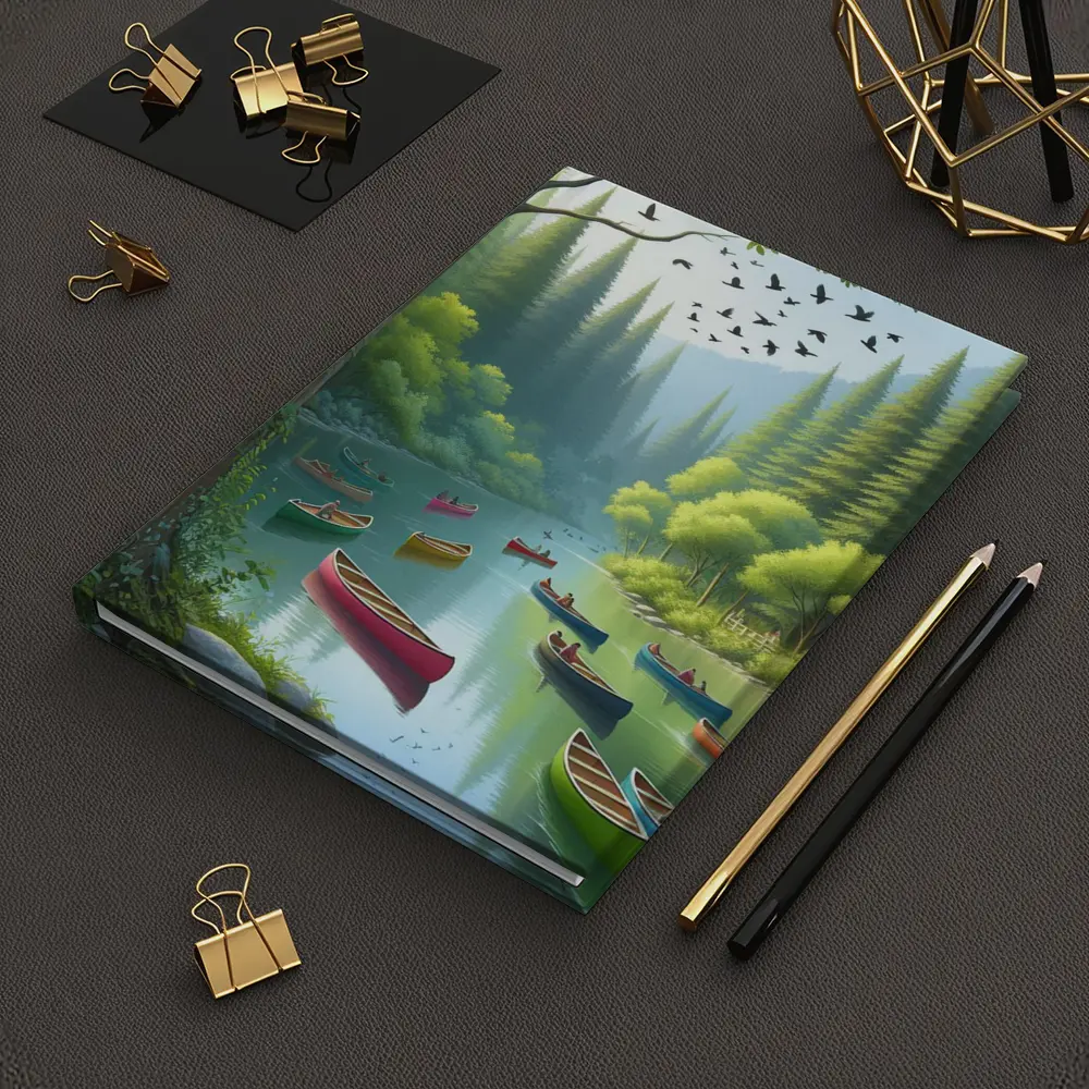 Colorful Canoes on Forested River Scene – Notebooks