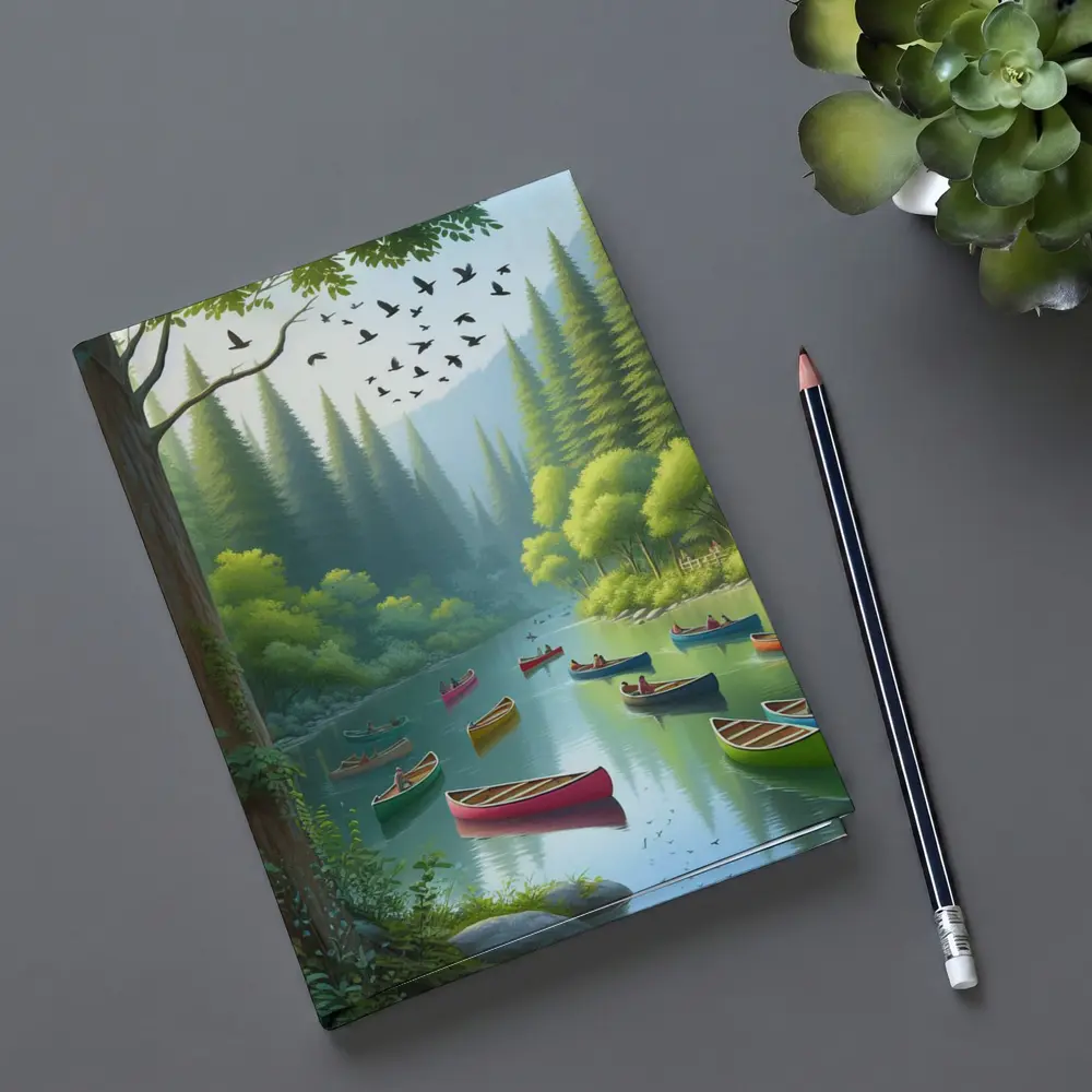 Colorful Canoes on Forested River Scene – Notebooks