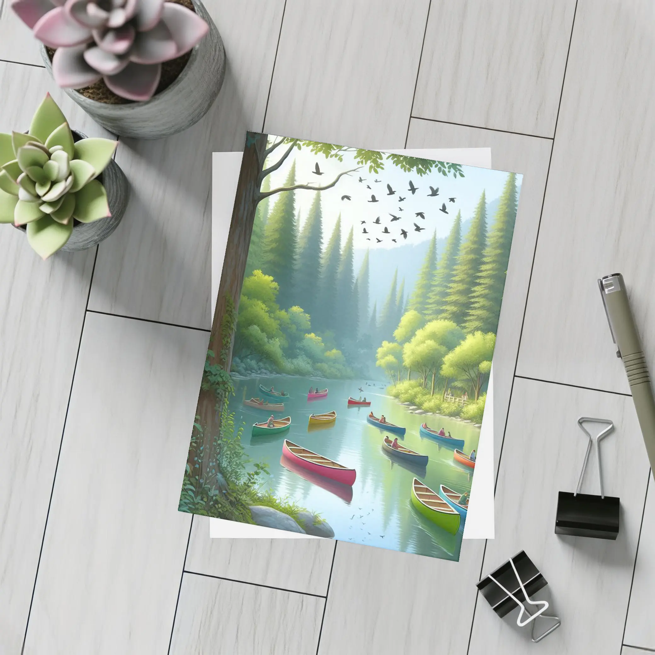 Colorful Canoes on Forested River Scene – Postcards