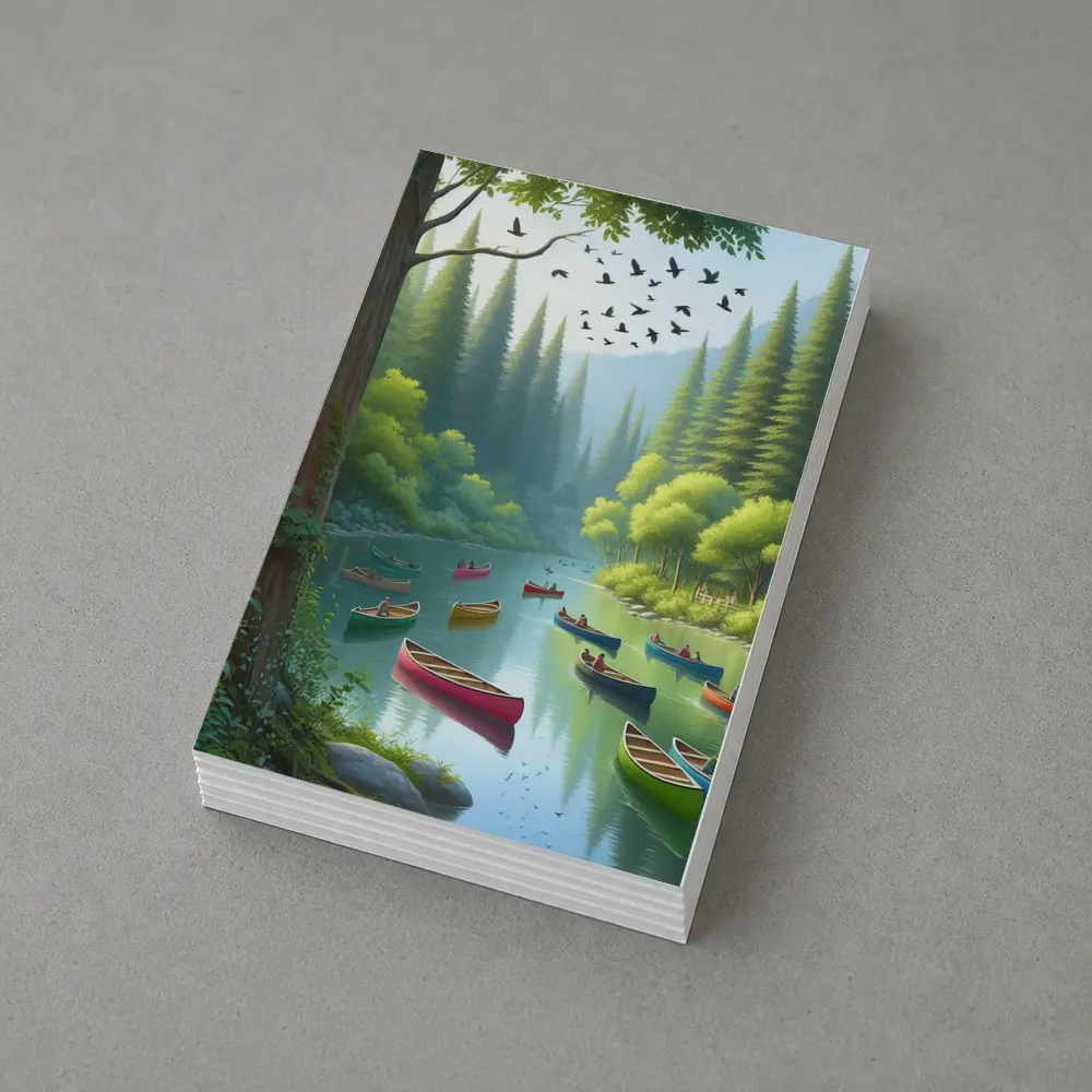 Colorful Canoes on Forested River Scene – Postcards