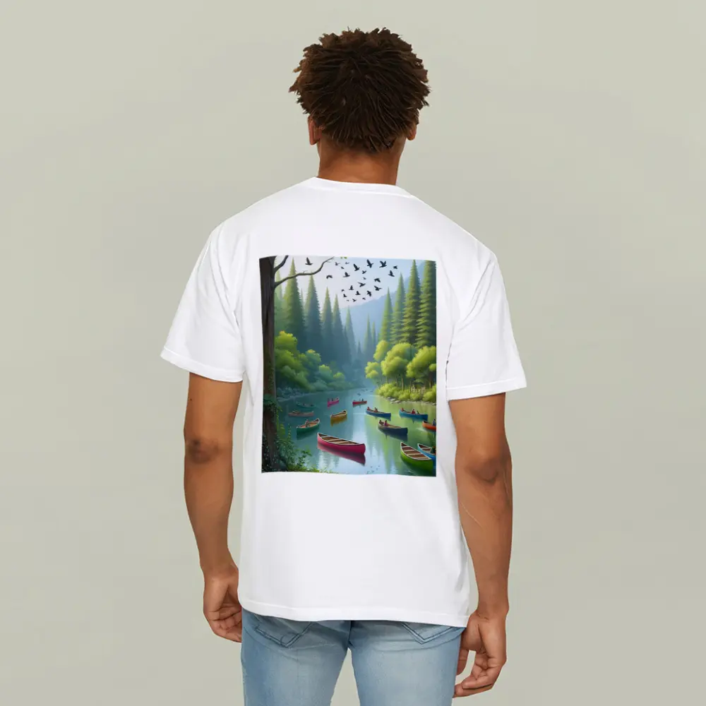 Colorful Canoes on Forested River Scene – T-Shirts