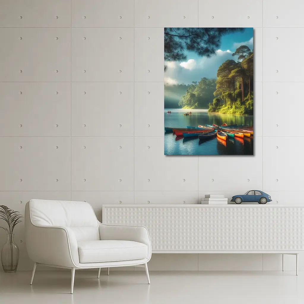 Colorful Canoes on Misty Forest Lake – Wall Art