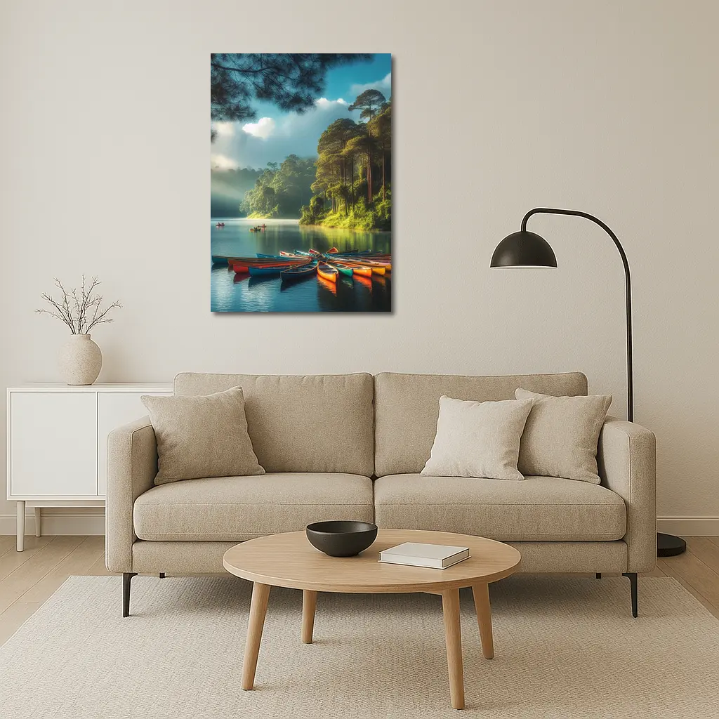Colorful Canoes on Misty Forest Lake – Wall Art