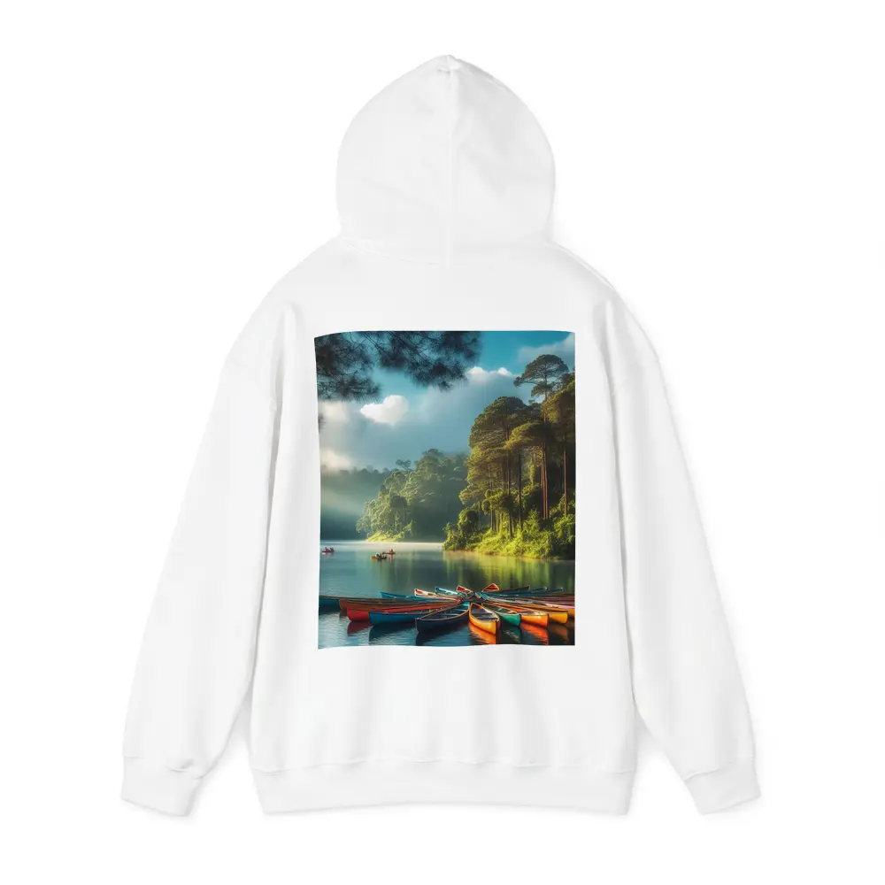 Colorful Canoes on Misty Forest Lake – Hoodies